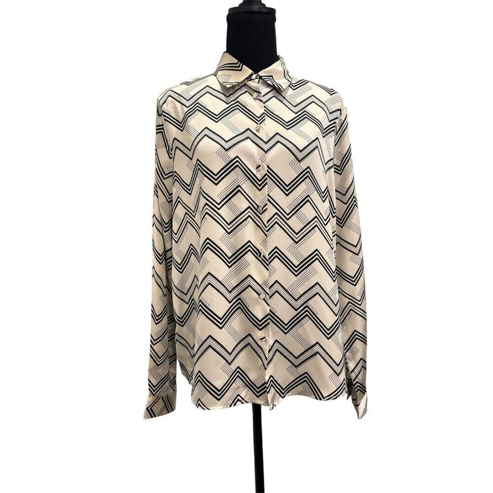 Calliope Women’s Satin Cream & Black geometric sleeve blouse size L
